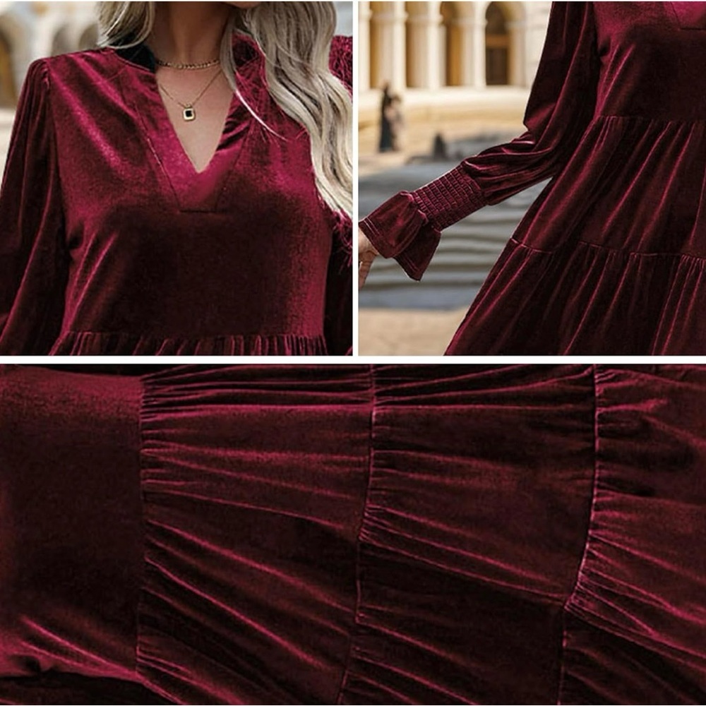 Burgundy velvet babydoll Christmas holiday dress - Picture 3 of 5